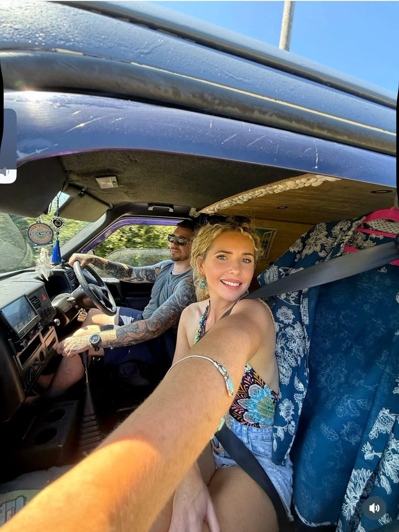 Lana and Tomm travelling together in the original Storky campervan